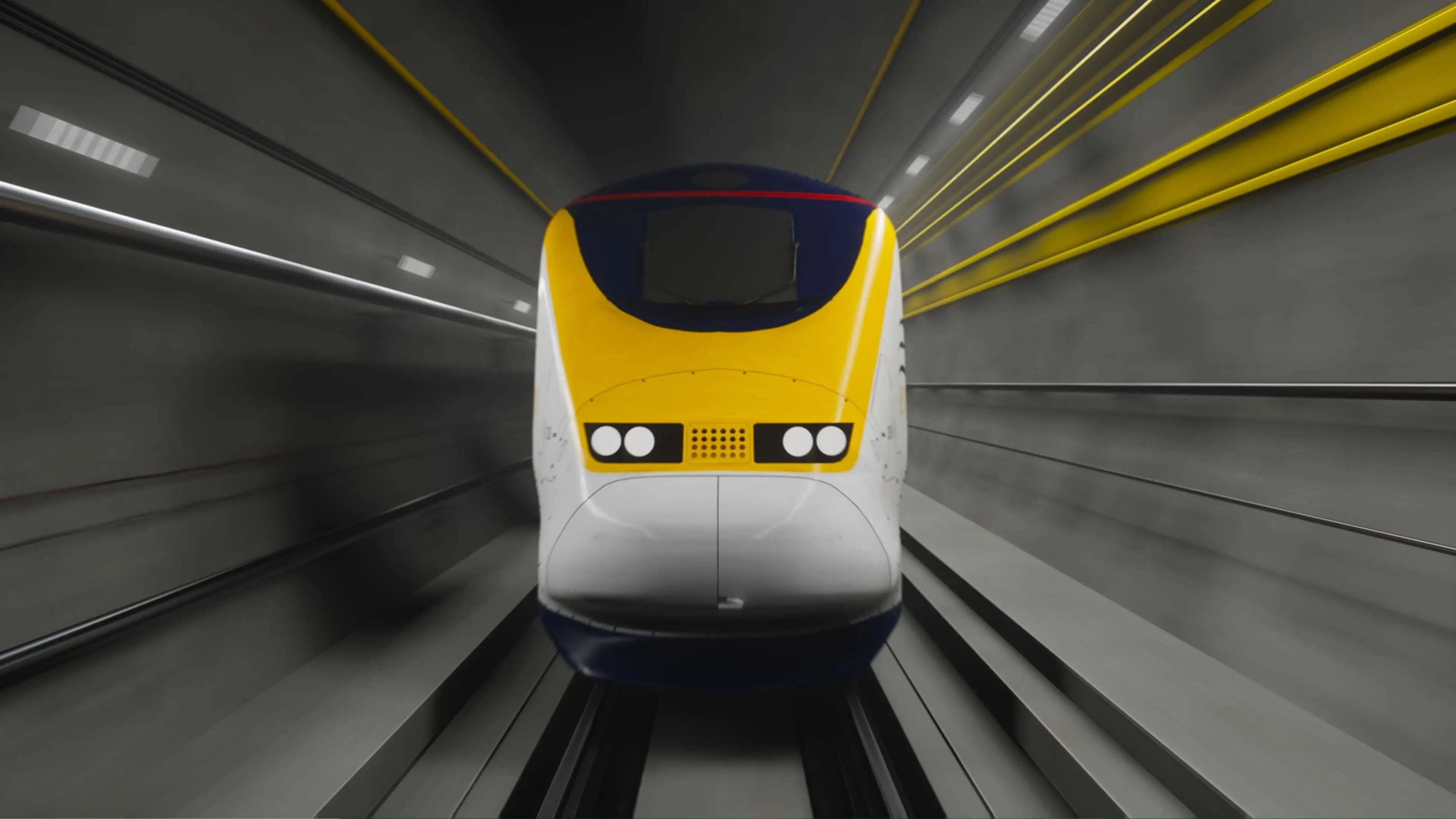 Eurostar train CGI image. The train is facing directly at the camera
